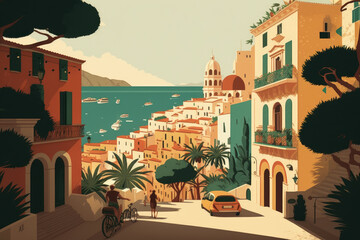 Recuerdo de viaje a Italia, postal antigua de vacaciones en el Mediterráneo, pueblo costero en España, IA generativa - obrazy, fototapety, plakaty