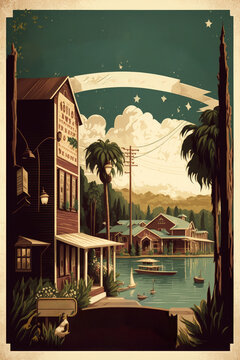 Postal antigua a&ntilde;os 30s al sur de Nueva Orleans, vistas del r&iacute;o mississippi, peque&ntilde;o pueblo de Am&eacute;rica, IA generativa