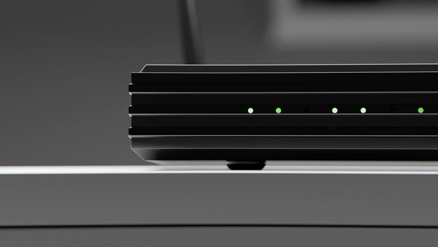 Black Wifi network router in interior. Camera moves. High quality 3d rendered 4k footage