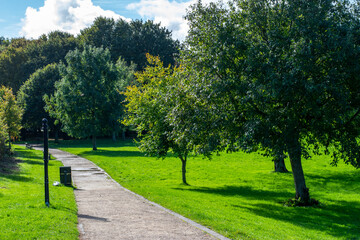 Fototapeta na wymiar Road to the park with metal benches