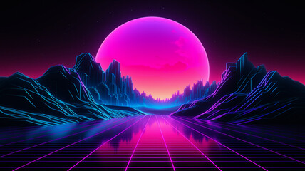 Synthwave retro cyberpunk style landscape background banner or wallpaper. Bright neon pink and purple colors.