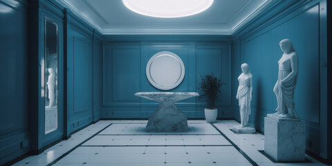 Recibidor de hotel de lujo, exposición exclusiva de arte en una galería privada, recibidor azul y blanco lujoso con decoración de mármol, IA generativa  - obrazy, fototapety, plakaty
