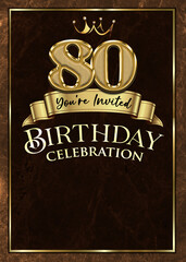 80th Birthday Celebration Invitation Brown and Gold Design Template
