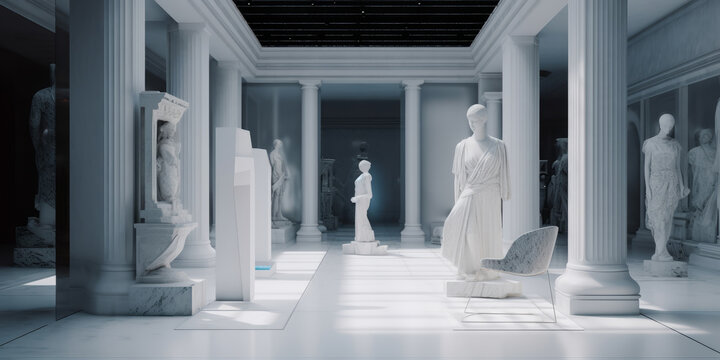 Sala de exposiciones de esculturas griegas, museo de arte de arte clásico, representación de las musas griegas 