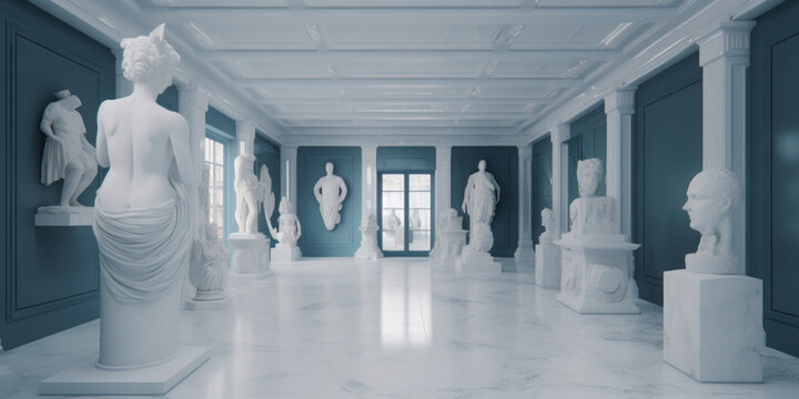 Interior palacio de lujo en el sur de Francia con decoración clásica de esculturas griegas y romanas, interiorismo barroco azul y blanco con columnas de mármol, IA generativa 