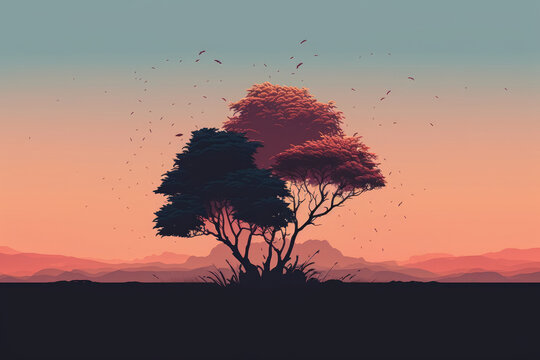 Precioso atardecer en la sabana, p&aacute;jaros volando de un &aacute;rbol en una tarde de oto&ntilde;o, paisaje minimalista aesthetic 