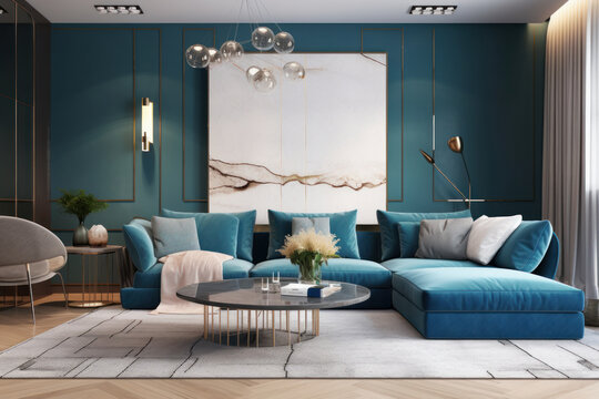 Sal&oacute;n cl&aacute;sico de lujo, lobby de hotel lujoso, sal&oacute;n decorado con obras de arte, sof&aacute; azul de lujo en una preciosa mansi&oacute;n 