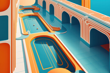 Fototapeta premium Preciosa piscina brutalista soviética con colores aesthetic, piscina pública olímpica, IA generativa 