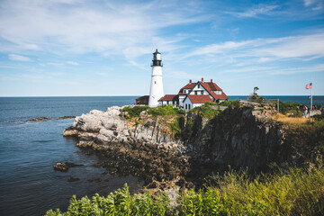 Fototapeta na wymiar View of Portland Head Light Lighthouse in Portland, Maine on a Beautiful Day