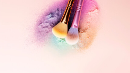 Makeup brushes and pastel colorful blush powder splatter on pastel background. shimmer powder, eyeshadow, highlighter. Without people, Illustration. Generative AI