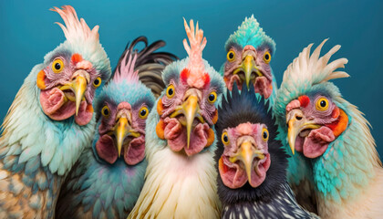 Selfie Concept. A group of pastel colored roosters taking self portrait and competing to be protagonists.  Illustration. Generative AI - obrazy, fototapety, plakaty