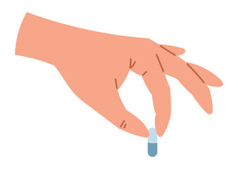Flat Human Hand holding Pill Capsule with two fingers. Vector isolated design element, Taking medication concept.