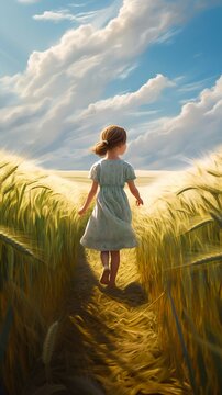 Cute Little Girl Running through a Wheat Field with Wheat Waves in the Background. Generative AI