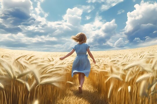 Cute Little Girl Running through a Wheat Field with Wheat Waves in the Background. Generative AI