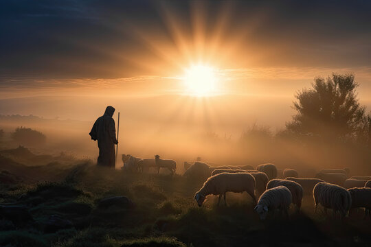 Bible Jesus Shepherd with His Flock of Sheep during Sunset. AI generative