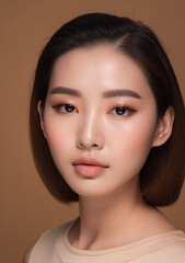 Fototapeta premium Beautiful Asian Woman on Beige Background Created with Generative AI and Other Techniques