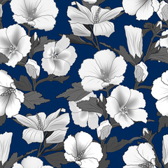 Seamless pattern with black and white flowers on a blue background.
