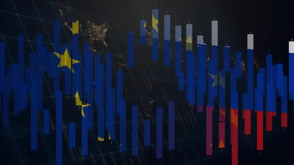 A chart of Japanese candlesticks in the colors of the flag of Russia and the European Union moves against the backdrop of a night map of the world. Double exposure. Cg - Powered by Adobe