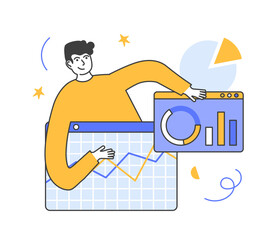 SEO analityc scene. Man and browser window with statistic data. Online big data analytic. Man analyzes data, adjusts search results, raises rating, increases traffic. Vector illustration
