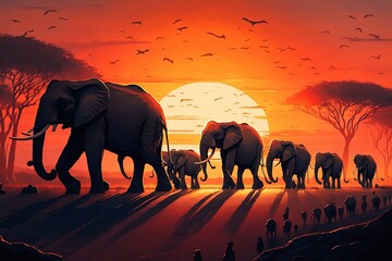 A herd of elephants walking across an open savannah with a vibrant orange and red sunset in the background.