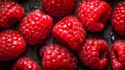 Fresh Raspberries with Glistening Droplets of Water, Top-Down View Seamless Background. Generative AI