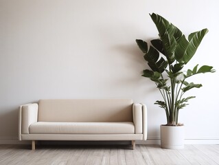 Living room interior with a beige sofa and a plant.
