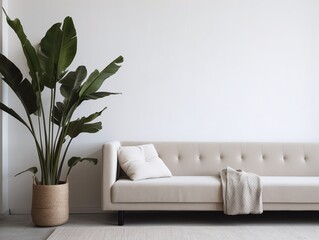 Living room interior with sofa and plant. Minimalist design.
