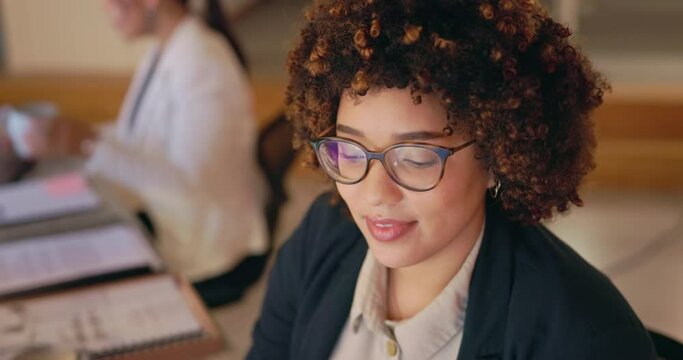 Face, office or happy woman typing on computer working on email, business project or online research. Glasses, database or girl journalist writing blog reports or internet article with focus at night
