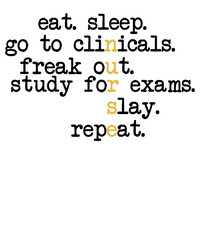 EAT. SLEEP. GO TO CLINICALS. FREAK OUT. STUDY FOR EXAMS. FREAK OUT. SLAY. REPEAT.