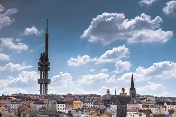 Žižkov tower with television antenna, hotel and restaurant overlooking in Prague