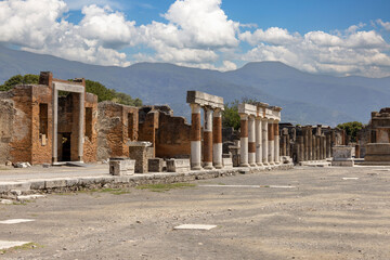 Forum of city destroyed by the eruption of the volcano Vesuvius in 79 AD near Naples, Pompeii, Italy