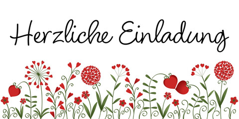 Herzliche Einladung - Text in deutsch. Einladungskarte mit Blumen aus roten Herzen.