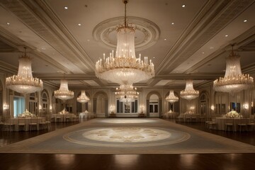 Obraz premium luxurious ballroom wedding venue with crystal chandeliers, elegant drapery, a grand staircase, and spacious dance floor, offering regal setting for a glamorous - Generative AI