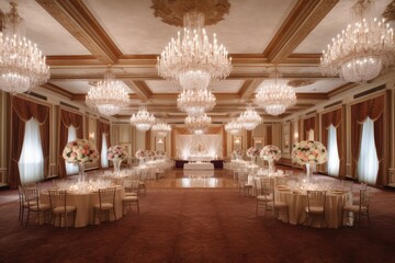 luxurious ballroom wedding venue with crystal chandeliers, elegant drapery, a grand staircase, and spacious dance floor, offering regal setting for a glamorous - Generative AI