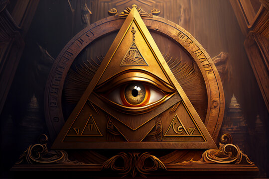 Illuminati logo, all seeing eye symbol on pyramid, concept of masonic secret societies, conspiracys and ruling the world