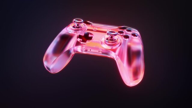 3D Gaming Console Wireless Controller Joystick glossy transparent translucent shiny glow colourful material. Render animation of game computer tech device flying pushing buttons, sticks. Motion design
