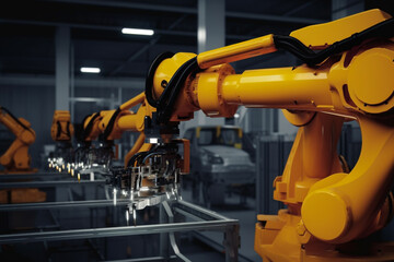 Robot arm working in assembly line industry. manufacturing factory, automatization with advanced technology and artificial intelligence