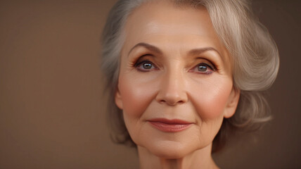 Porrtait of old woman with gray hair, created with Generative AI Technology