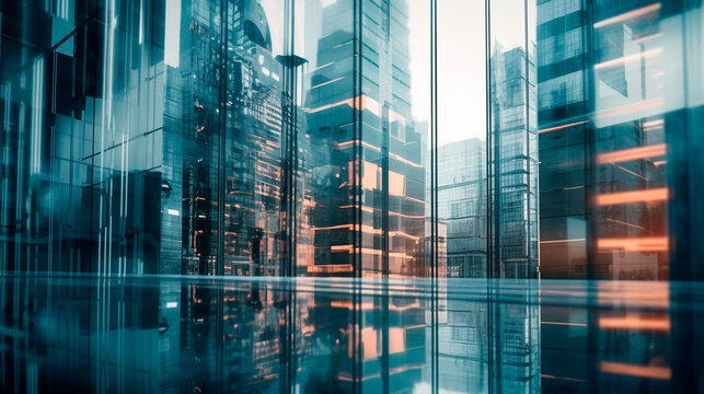 Background of future urban and corporate architecture. Real estate idea with bokeh, motion blur, and a reflection in a glass panel of a skyscraper facade , Beautiful color grading, Unreal Engine. Gene