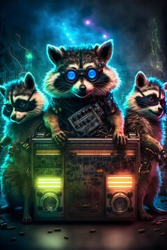Raccoons dressed up for cosplay party defusing a vacuum tube bomb console dj Music party flyer dramatic lightshow 