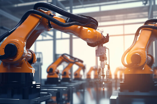 Robot arm working in assembly line industry. manufacturing factory, automatization with advanced technology and artificial intelligence