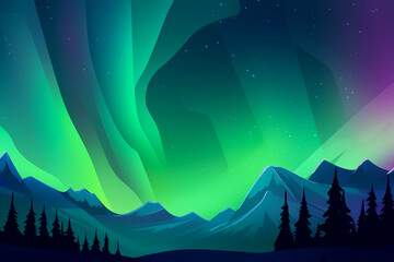 Fototapeta premium Landscape with aurora borealis in the night sky during winter in the arctic, green pink and purple hue glow, wallpaper or background banner with empty space for copy text