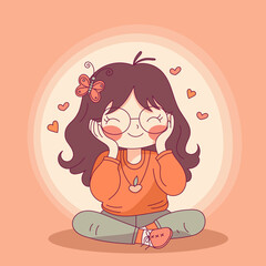 Happy cute young girl sitting crossed legs hugging herself with enjoying emotions isoleted. Self love concept of yourself body vector illustration