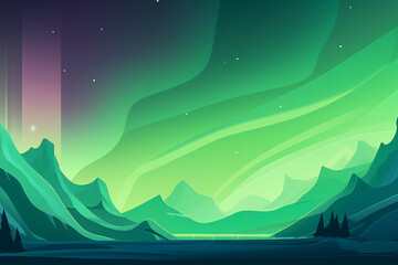 Obraz premium Landscape with aurora borealis in the night sky during winter in the arctic, green pink and purple hue glow, wallpaper or background banner with empty space for copy text