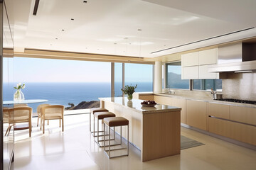 Fototapeta na wymiar Modern luxury kitchen in villa with ocean beach view and large windows, concept of architecture and real estate inspiration or mock up.