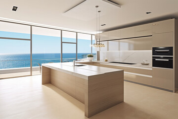 Modern luxury kitchen in villa with ocean beach view and large windows, concept of architecture and real estate inspiration or mock up.