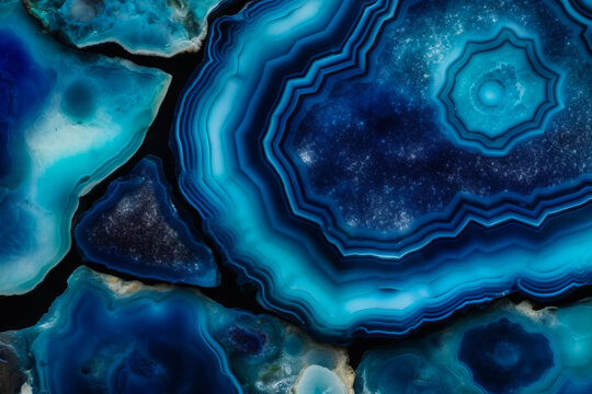 Seamless sapphire blue agate gem stone horizontal cross section background texture. Beautiful tileable cut mineral marble pattern. High resolution abstract crystal gemstone rock slice 3D rendering, 