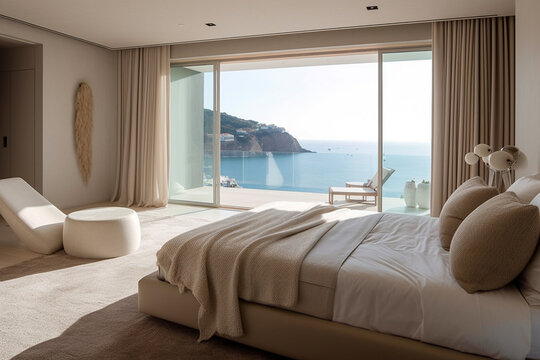 Modern spacious luxury bedroom with ocean beach view and  large windows 