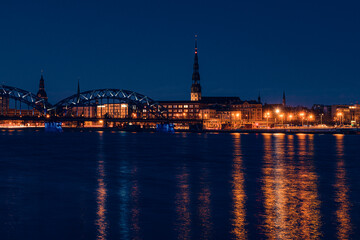 view of Old Riga across the Daugava river in the evening
