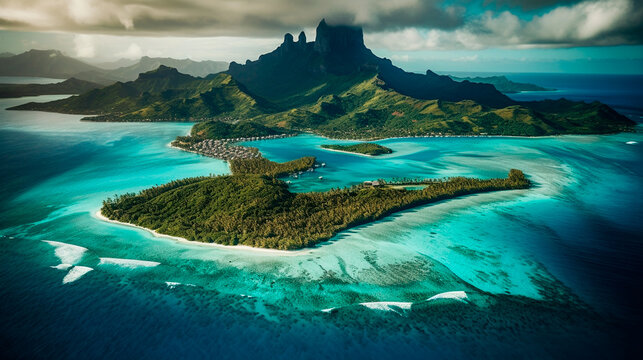 Bora bora aerial view, tahiti french polynesia. Generative AI